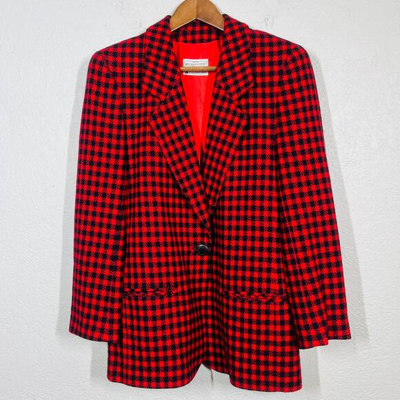 Vintage 80s Miss Pendleton Virgin Wool Blazer Single Button Red Black - M - Picture 7 of 7